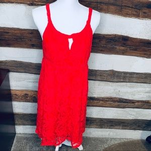 LOFT Women's Red Keyhole, lined Crochet Style Tank Dress, size medium sleeveless